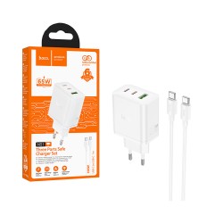 Hoco Adapter N51 Safe 3 Ports 1 USB+2 Type-C PD 65W with Type-C to Type-C Cable 1M White